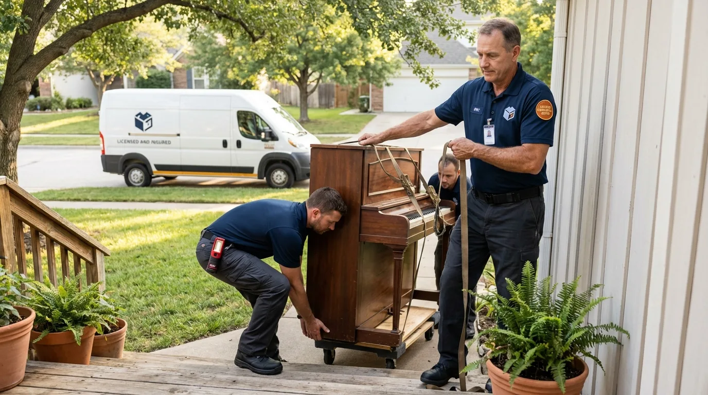Licensed piano movers securing grand piano in Boynton Beach, FL