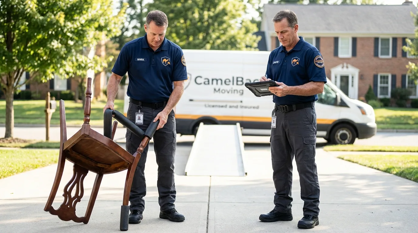 Movers inspecting furniture for damage prevention before loading in Boynton Beach, FL