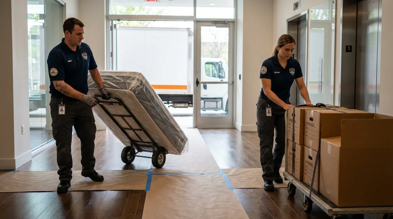 Professional apartment movers loading elevator in Boynton Beach, FL